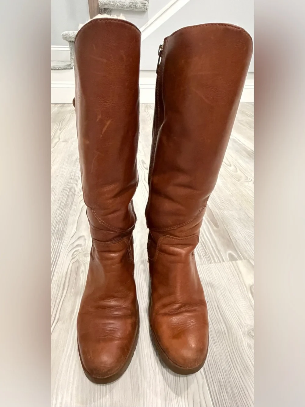 UGG Leather Tall Wedge Women’s Boots. Sherpa lined. Cognac Brown. Size 7. Used